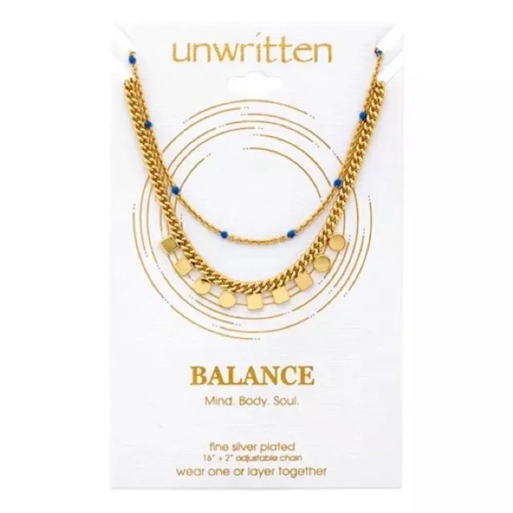 Unwritten Gold Flash Plated Square Circle & Blue Bead Layered Pendant Necklace